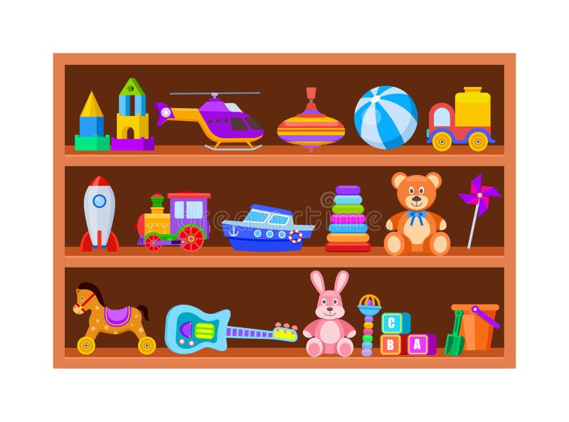 Kid toys on shelves. Children toy on wooden shop shelf in playroom. Cartoon ball and train, whirligig and guitar vintage