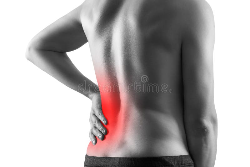 Kidney stones, pain in a man`s body isolated on white background, chronic diseases of the urinary system concept, painful area highlighted in red