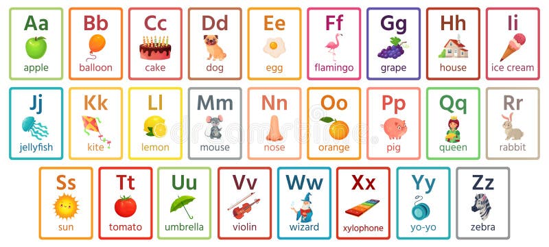 Kids ABC cards. Letter study set, english alphabet with food, animals and fairy tale characters cartoon illustrations vector illustration
