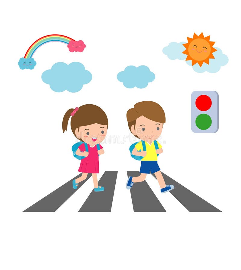 Cute School kids with backpack walking crossing road near traffic light on  zebra crossing on the way to school 9295319 Vector Art at Vecteezy