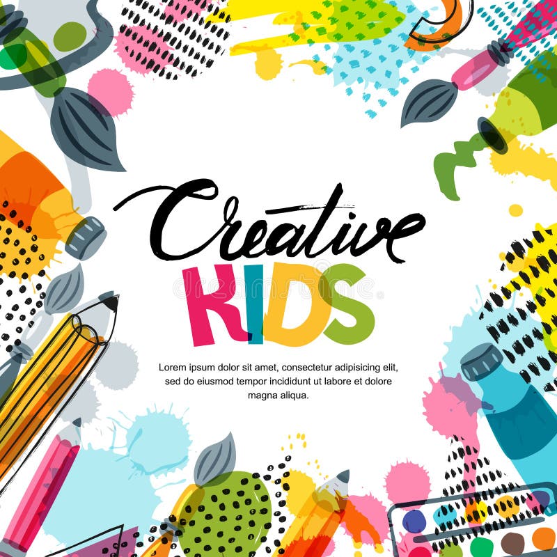 https://thumbs.dreamstime.com/b/kids-art-education-creativity-class-concept-vector-banner-poster-background-calligraphy-pencil-brush-paints-frame-hand-97196495.jpg