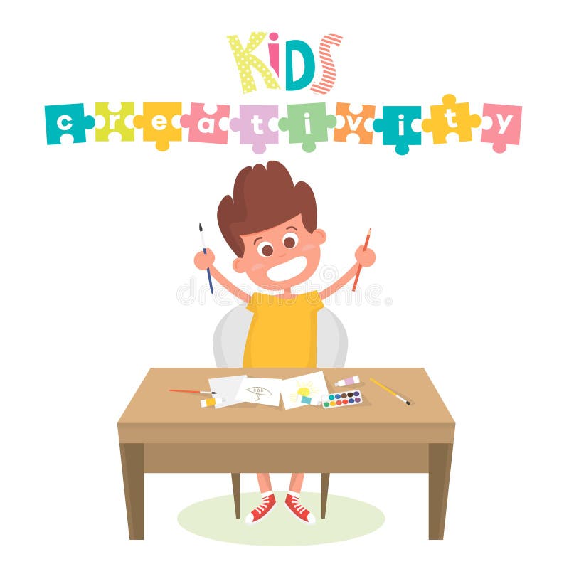 Kids Art-working process. Kids creativity illustration. Boy keeps brush and pencil in hands. vector illustration Kids Art-working process. Kids creativity illustration. Boy keeps brush and pencil in hands. vector illustration