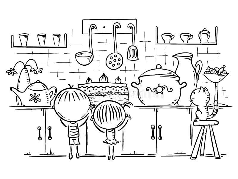 Child's drawing with crayons. Cute kids doodle depicting a girl and a cat  in the kitchen. Girl or woman cooking food. Vector EPS10 Stock Vector |  Adobe Stock