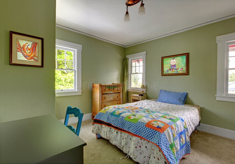 Kids bedroom with desk and green walls. royalty free stock image Kids bedroom with desk and green walls. royalty free stock image