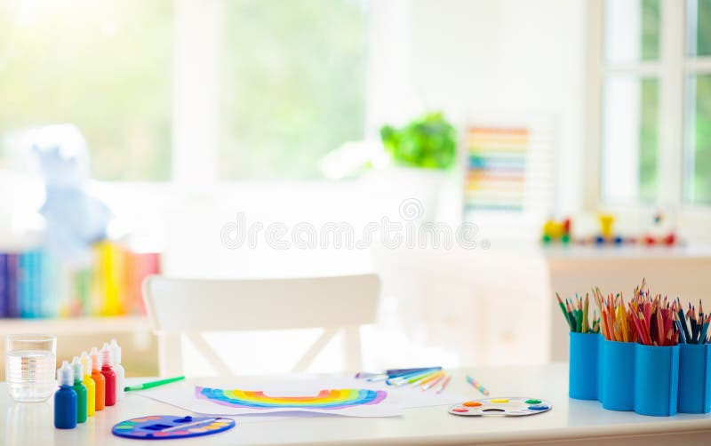 Kids bedroom with wooden, paint and art supplies