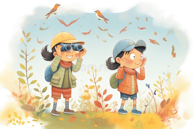 Kids with Binoculars Spotting Birds in a Forest Stock Photo Image of