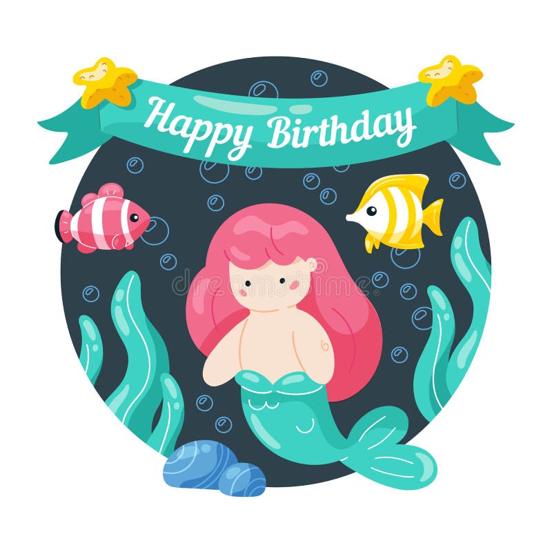 Kids birthday card with cute little mermaid and marine life in doodle styte. Kawaii characters mernaid, sea fish, seaweed stock illustration Kids birthday card with cute little mermaid and marine life in doodle styte. Kawaii characters mernaid, sea fish, seaweed stock illustration