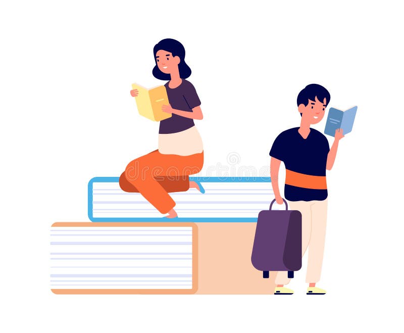 Kids and books. Cute tiny readers and huge book. Library or school, girl and boy learning vector illustration vector illustration
