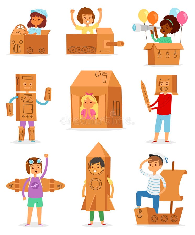 Kids in box vector creative children character playing in boxed house and boy or girl in carton plane or paper ship stock illustration Kids in box vector creative children character playing in boxed house and boy or girl in carton plane or paper ship stock illustration