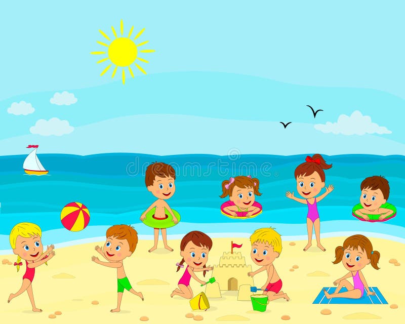 Boys and Girls Play on the Beach Stock Vector - Illustration of nature ...