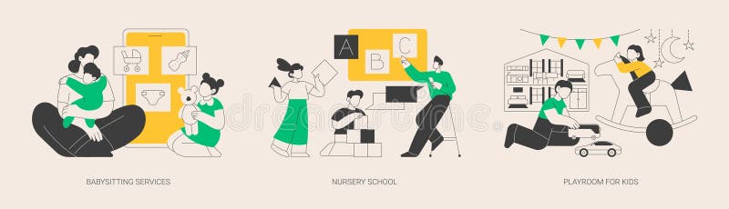 Kids bringing up and leasure time abstract concept vector illustration set. Babysitting services, nursery school, playroom for kids, personal childcare help, pre-school program abstract metaphor. Pack up time vectors