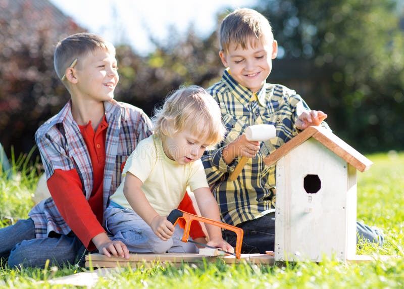 Kids Brothers Making Nesting Box Together on Lawns in Summertime Stock