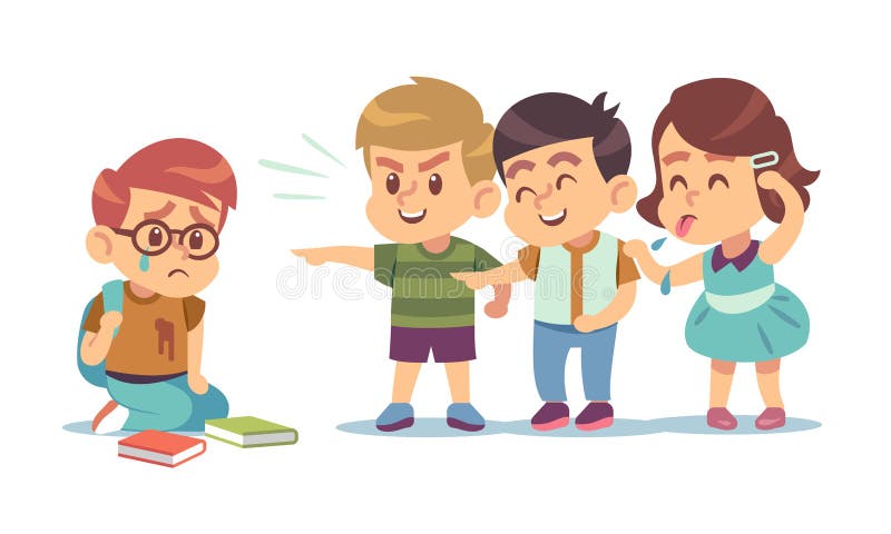 Kids bullying. Humiliation, mocking classmates. Discrimination, abuse and negative school communication social teenage conflict flat vector concept. Kids bullying. Humiliation, mocking classmates. Discrimination, abuse and negative school communication social teenage conflict flat vector concept