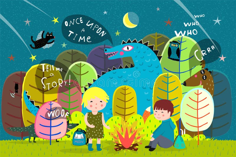 Magic forest kids camping at night with fairy tale animals. Story time animals vectors