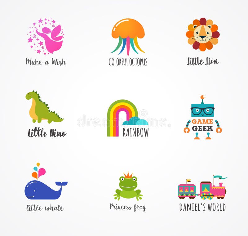 Kids, children icons and logos, childhood elements stock illustration Kids, children icons and logos, childhood elements stock illustration