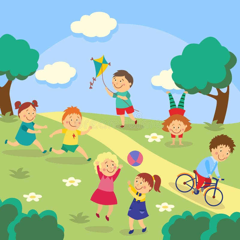 Clipart of a Group of Children Playing a Game of Tag - Royalty