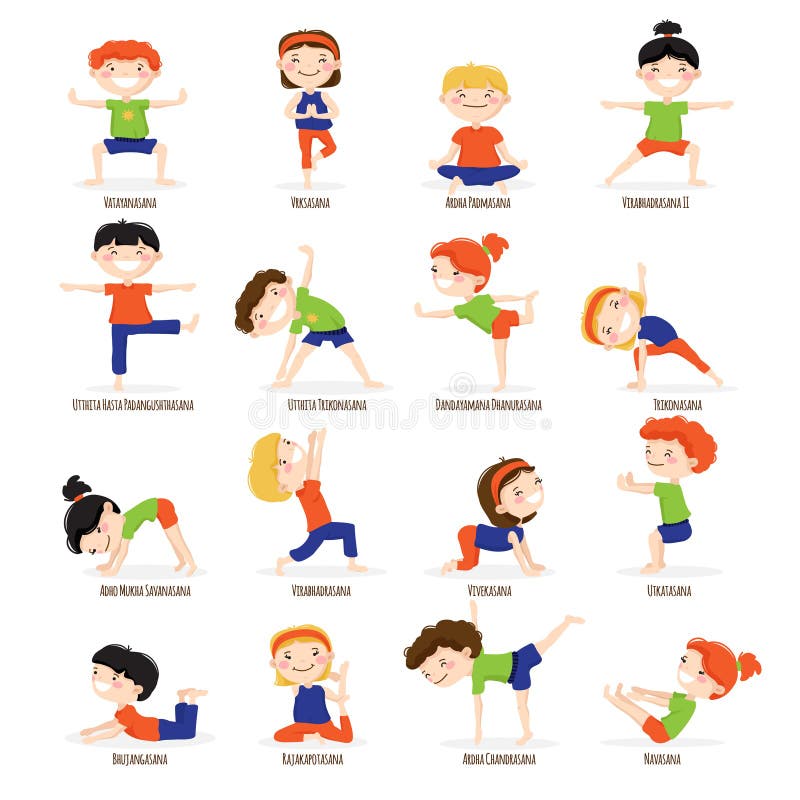 Kids Children Yoga Poses Cartoon Set Stock Vector - Illustration of ...