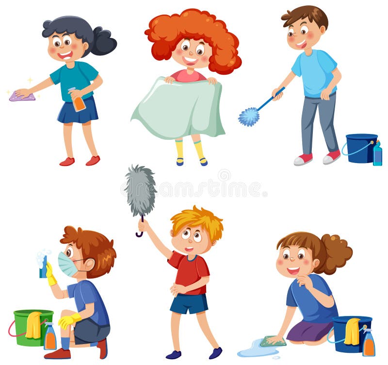 Kids cleaning at home set stock vector. Illustration of vector 262686607