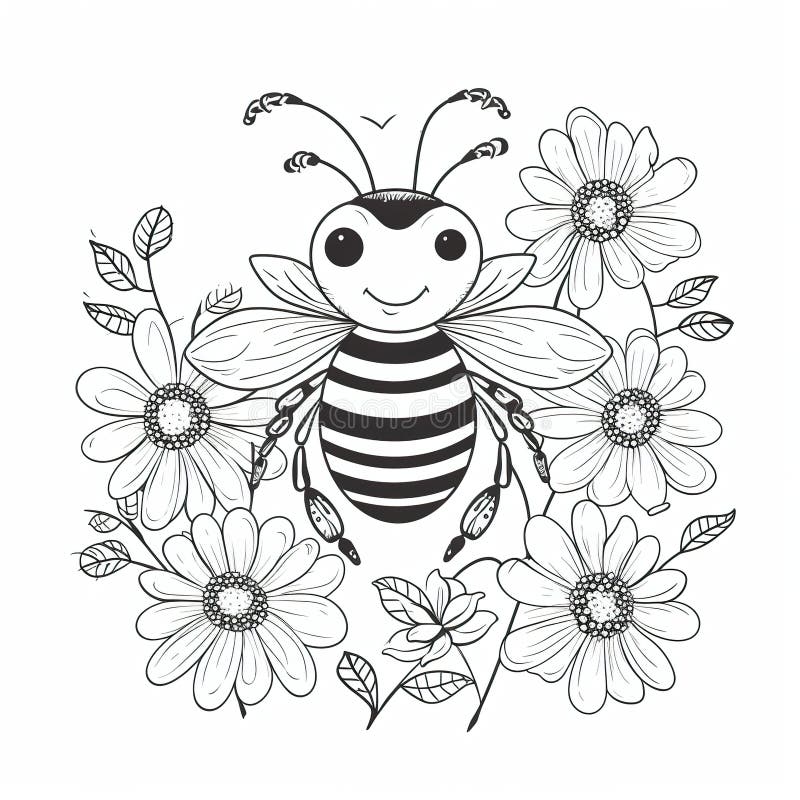 Kids Coloring Page of a Happy Bee with Flowers that is Blank and ...