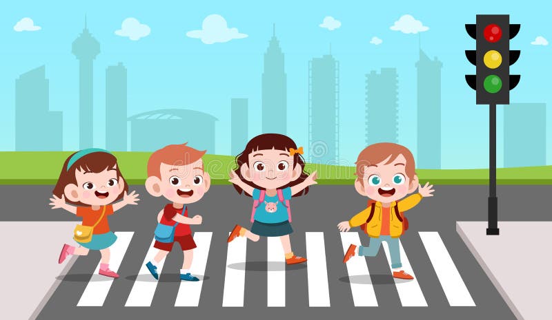 vector illustration of a schoolchildren crossing the road with the