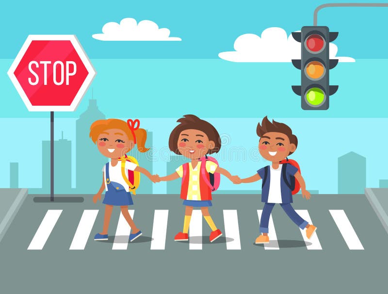 Premium Vector  School kids with backpack walking crossing road near  pedestrian traffic light on zebra cross