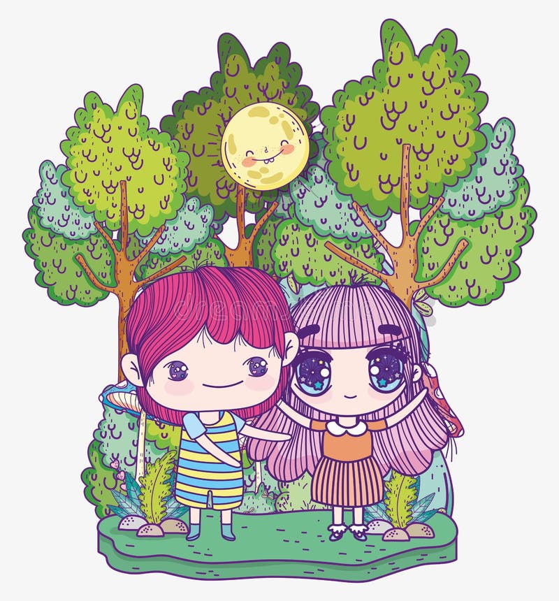 Kids Cute Little Boy And Girl Anime Cartoon Happy In The Outdoor Stock Vector Illustration Of Friendship Cartoon