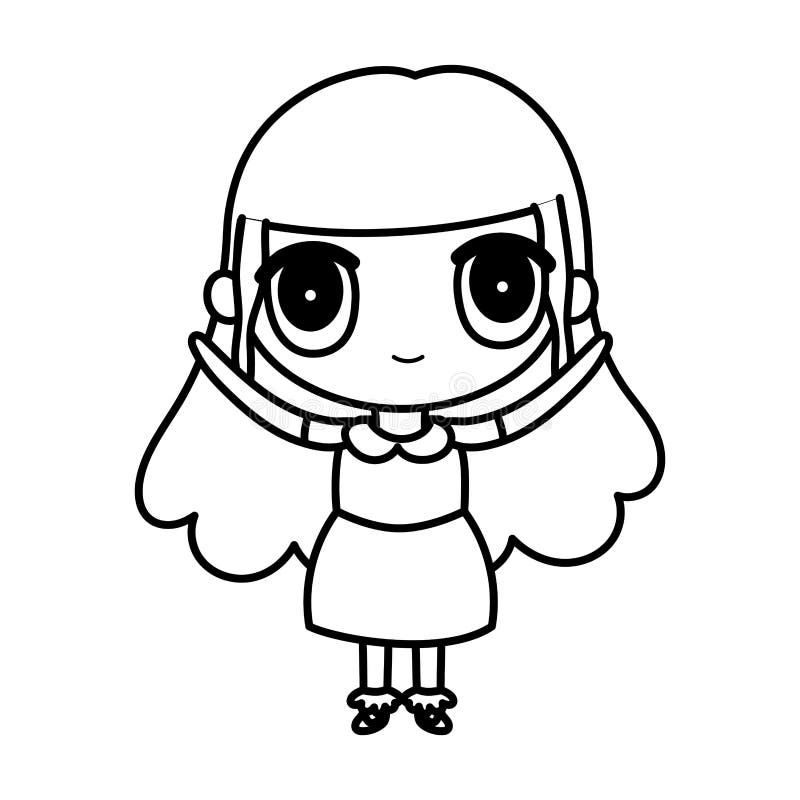 Kids, Cute Little Girl Anime Cartoon Character Thick Line Stock Vector ...