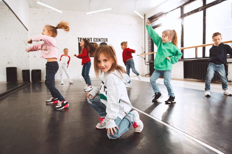 The kids at dance school. Ballet, hiphop, street, funky and modern dancers