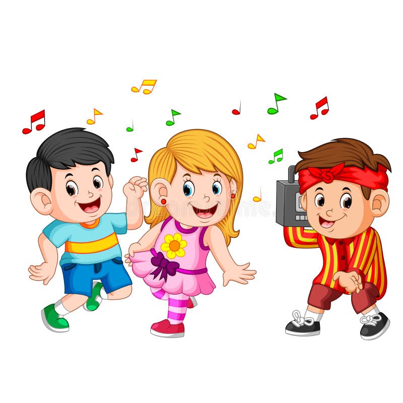 Kids dancing of Hip-Hop and a boy holds a vintage tape recorder vector illustration Kids dancing of Hip-Hop and a boy holds a vintage tape recorder vector illustration