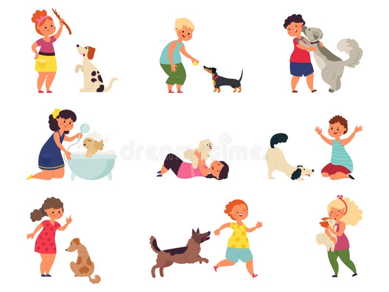 Kids with dogs. Pet playing, girl boy petting dog. Children play puppy, feeding walking cartoon domestic animals decent