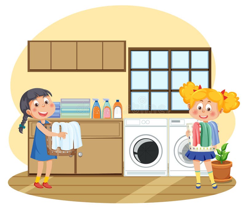Kids Doing Laundry with Washing Machine Stock Vector Illustration of