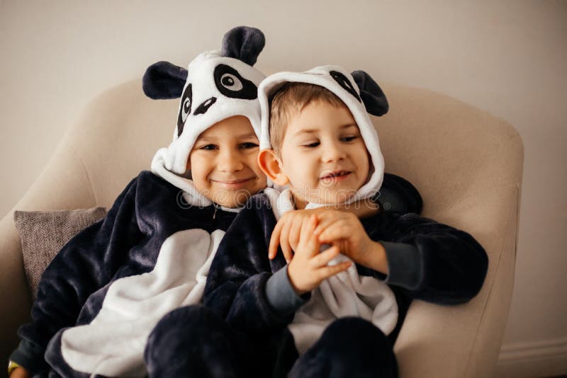The Kids Dressed in Comfortable Animal Costumes Stock Photo - Image of  child, sleepwear: 210015358
