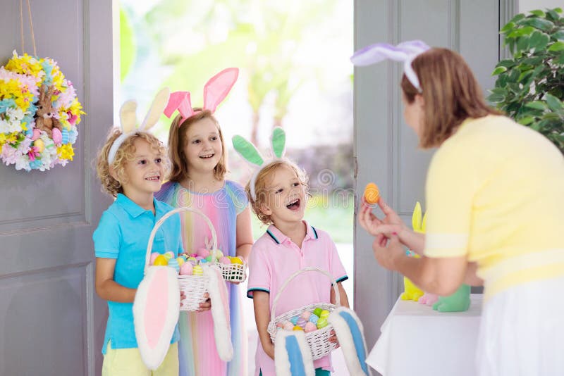 Kids Easter egg hunt. Child and eggs  bunny ears