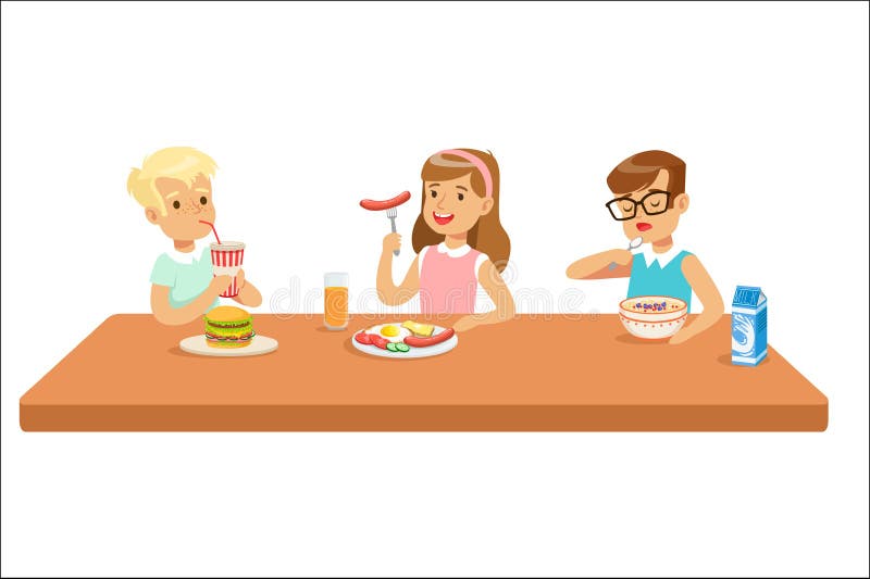 Kids Eating Brekfast and Lunch Food and Drinking Soft Drinks Set of Cartoon  Characters Enjoying Their Meal Sitting at Stock Vector - Illustration of  happy, children: 154261446