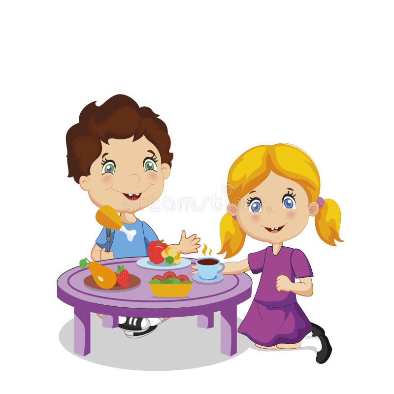 Kids Eating. Cartoon Boy and Girl Sitting at Table Stock Vector - Illustration of edible, healthy: 150624839 Kids Eating. Cartoon Boy and Girl Sitting at Table Stock Vector - Illustration of edible, healthy: 150624839