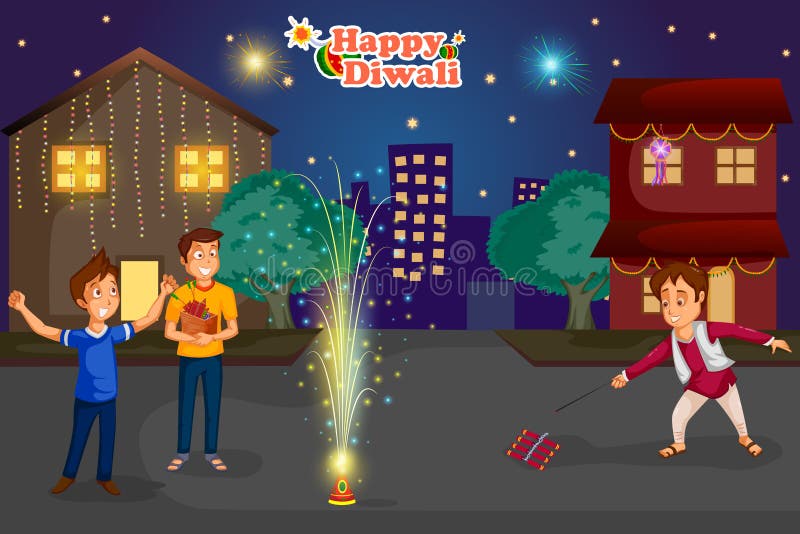 Kids enjoying firecracker celebrating Diwali festival of India in vector