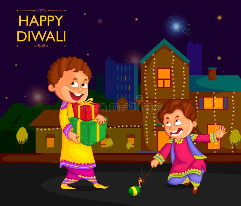 Kids enjoying firecracker celebrating Diwali festival of India in vector