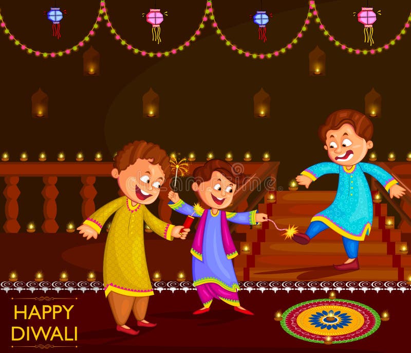 Kids enjoying firecracker celebrating Diwali festival of India in vector