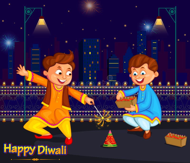 Kids enjoying firecracker celebrating Diwali festival of India in vector