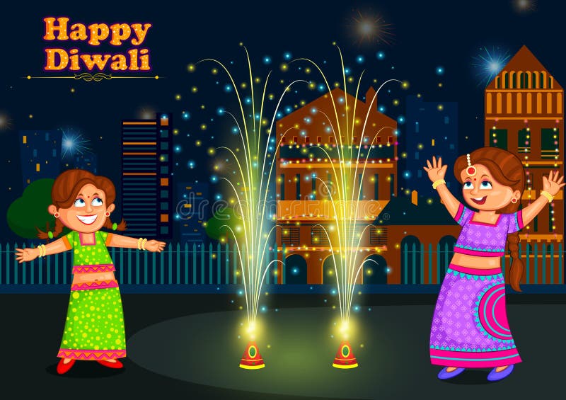 Kids enjoying firecracker celebrating Diwali festival of India in vector