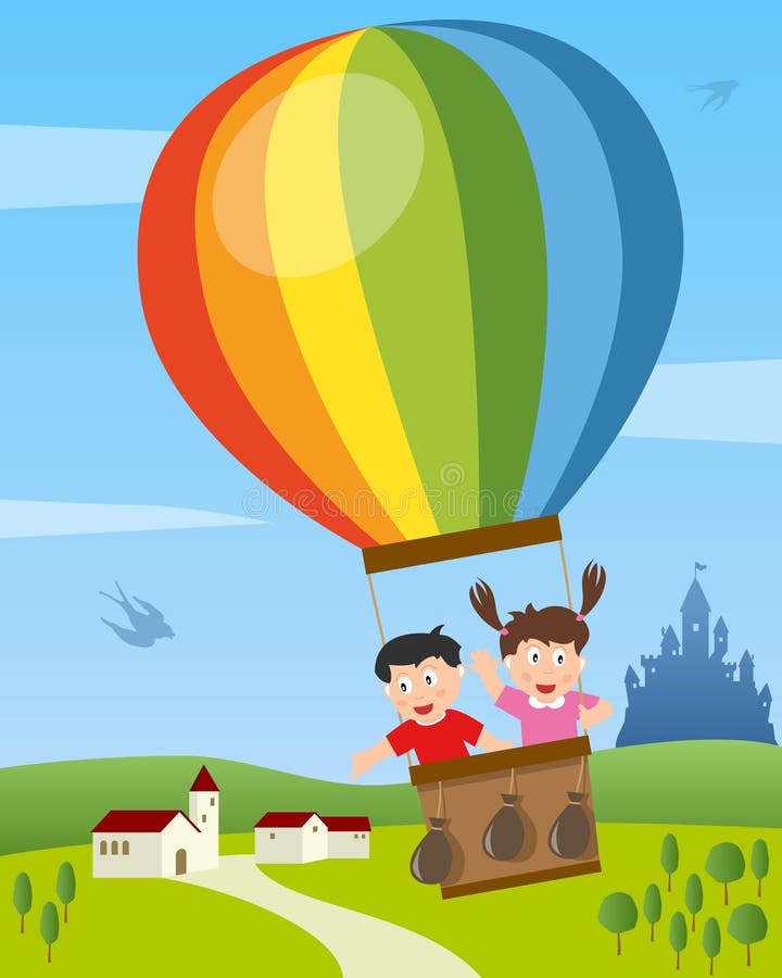 Cartoon kids riding a hot air balloon, Stock vector