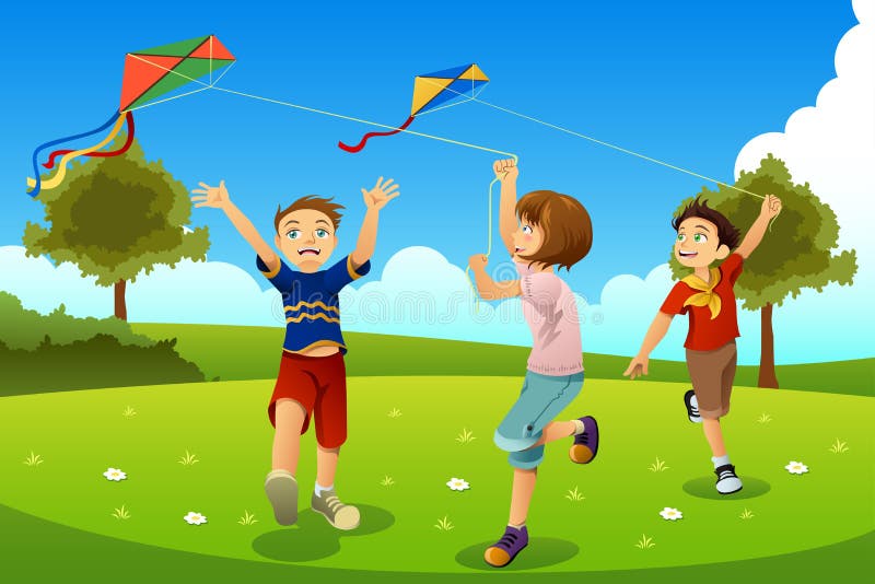 Kids Flying Kites On Lawn Flat Vector Illustration Stock Vector