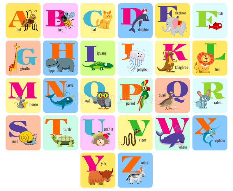 Kids Full Alphabeth with Cartoon Animals Vector Illustration Stock ...