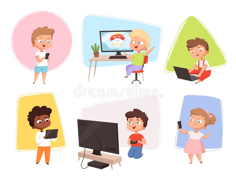 Kids with gadgets. Future technology children using laptop smartphone pc and electronic tablet vector cartoon stock illustration