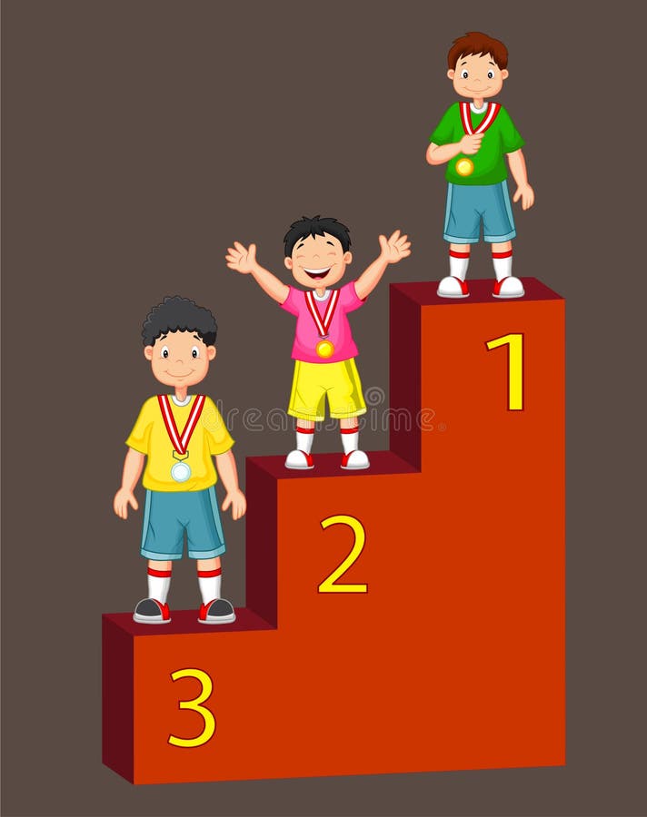 Kids game winner on stage. Kids play games in school vector illustration