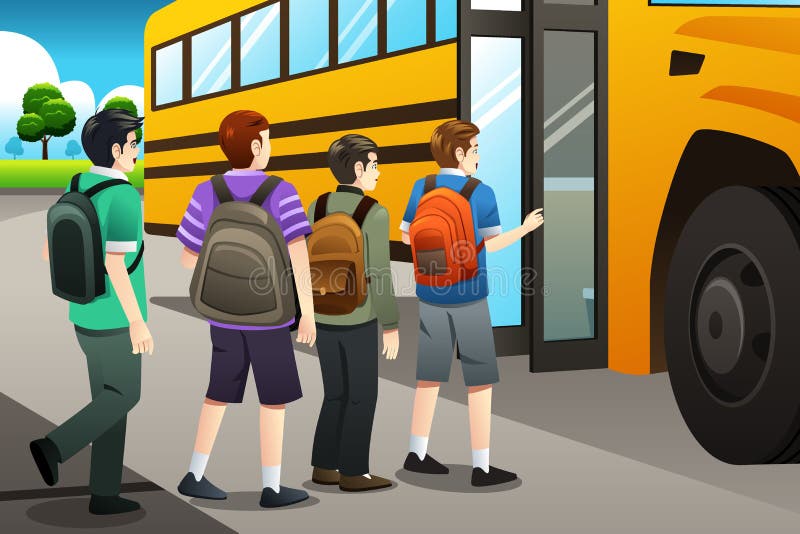 Kids getting on the school bus stock illustration Kids getting on the school bus stock illustration