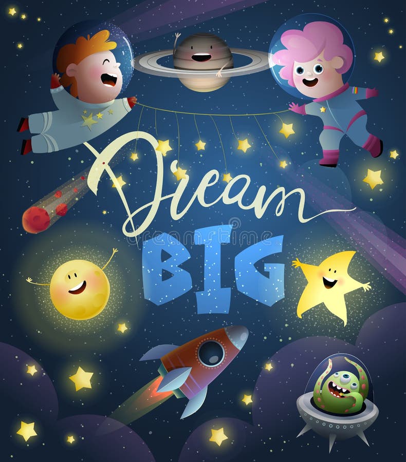 Kids Girl and Boy Astronauts in Space Big Dreams Stock Vector ...