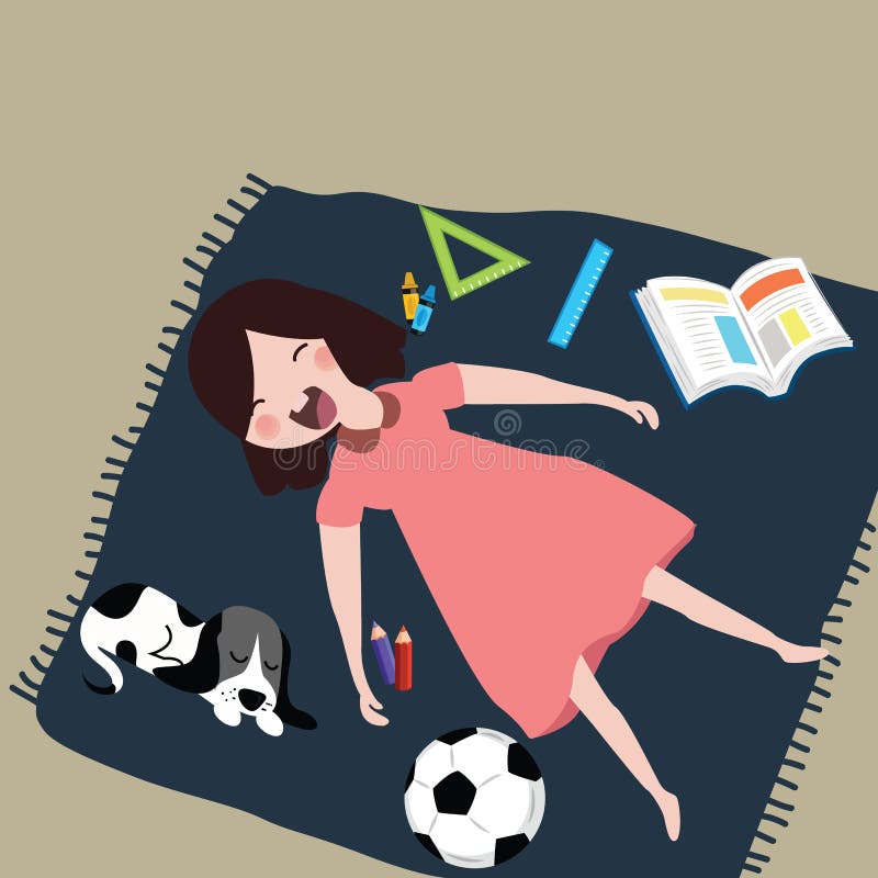 Kids girls smile laughing while sleeping with her cat after study around it pen ball book and vector illustration Kids girls smile laughing while sleeping with her cat after study around it pen ball book and vector illustration