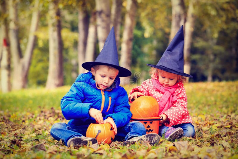 Kids in Halloween Costume Play at Autumn Park Stock Photo - Image of ...
