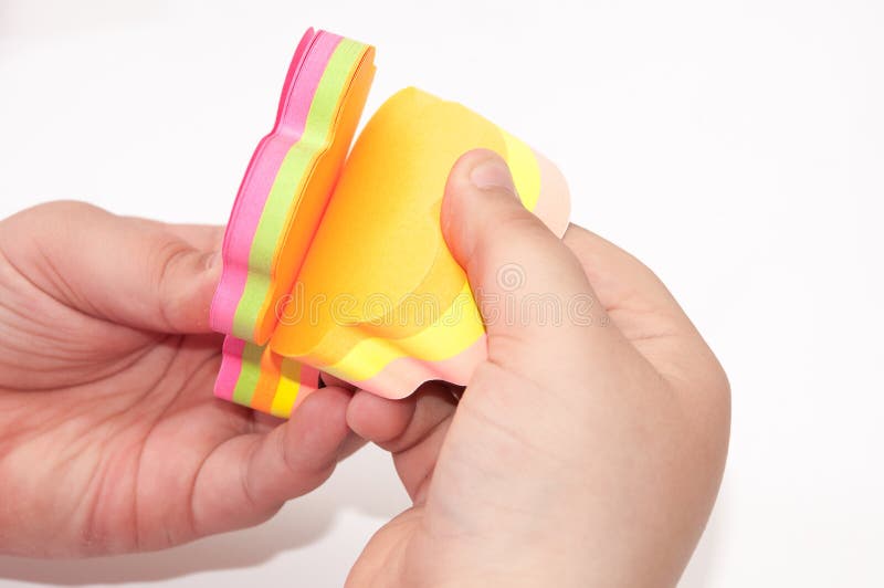 Kids Hand Holding Colorful Sticky Stickers Stock Photo - Image of note
